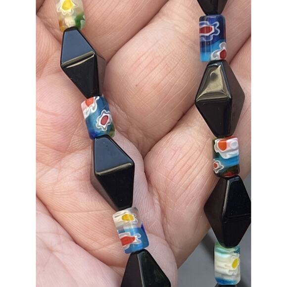 Millefiori Multicolored & Black Glass Beaded Necklaces 16” Artisan Boho T Clasp - Picture 8 of 11